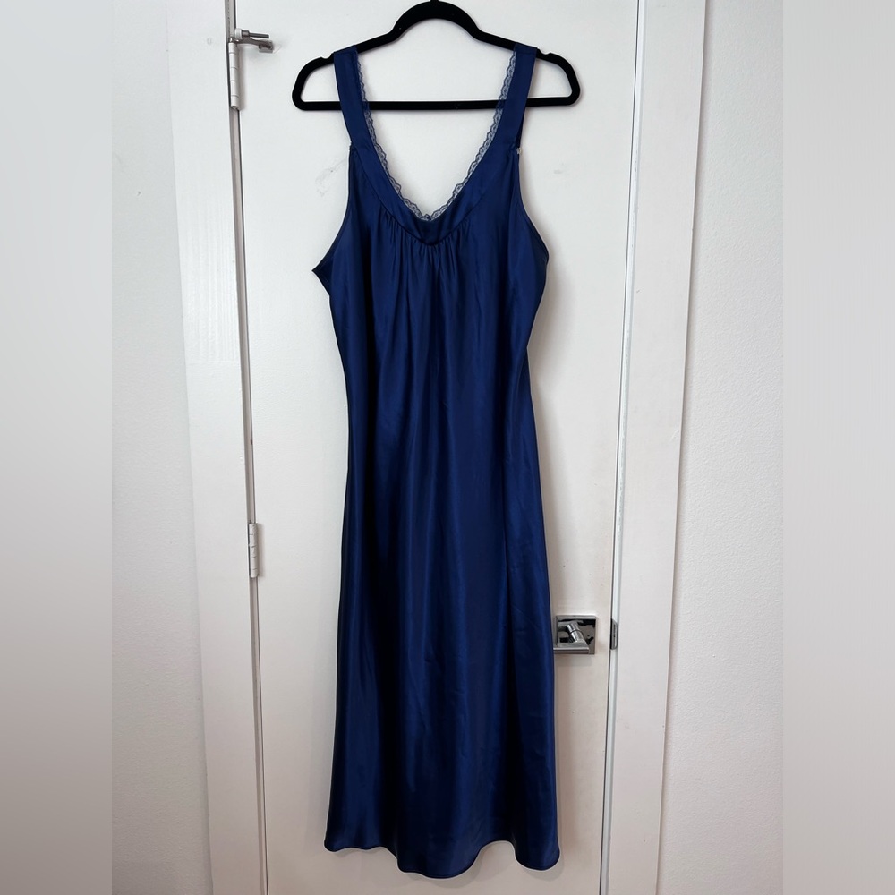 Navy Midnight Blue Silky Lace Midi Nightgown Dress